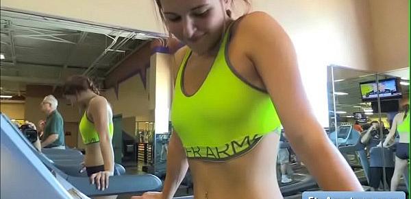  Sexy teen blonde amateur Fiona flash her tits at the gym while working her booty off